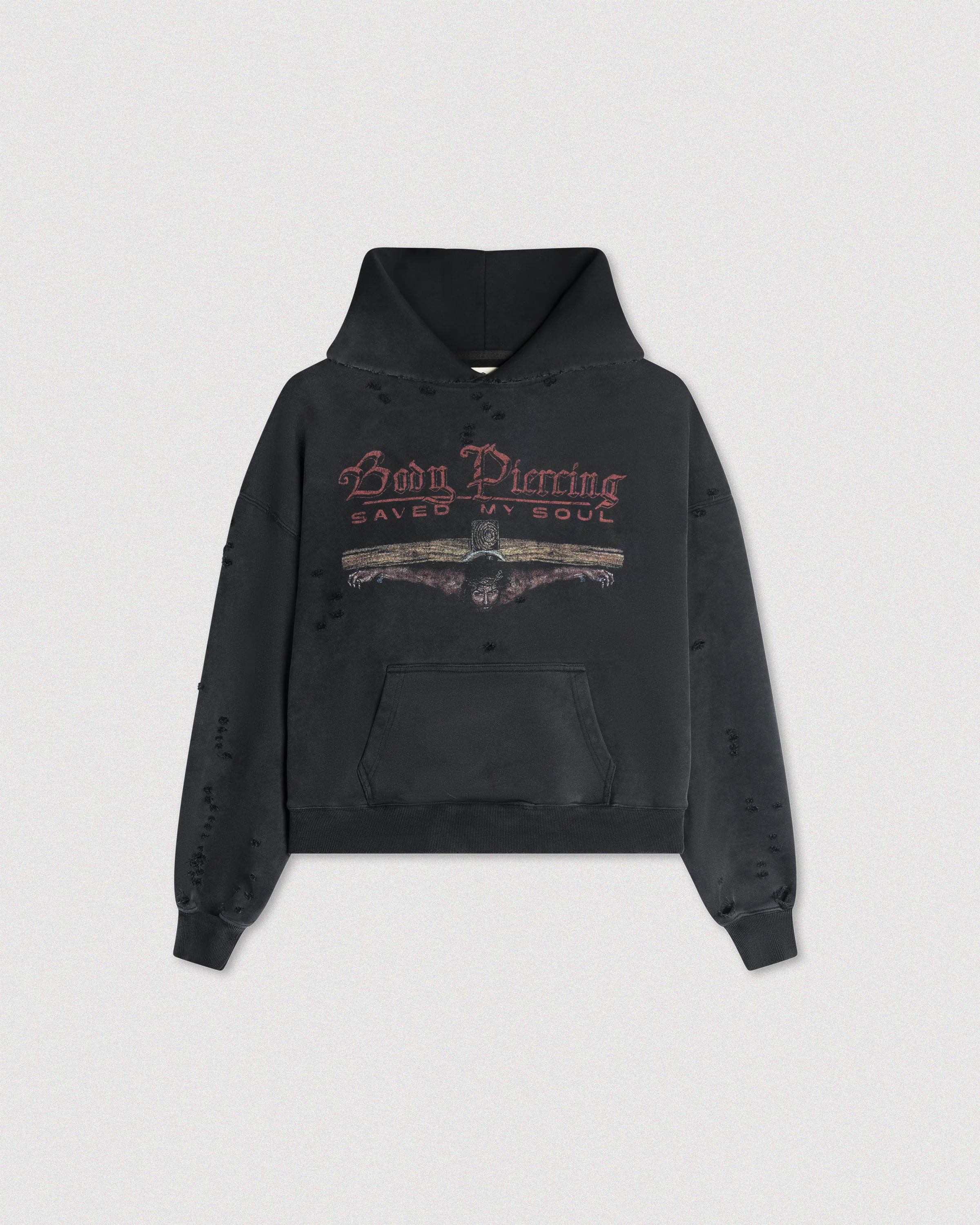 "BODY PIERCING" DISTRESSED HOODIE