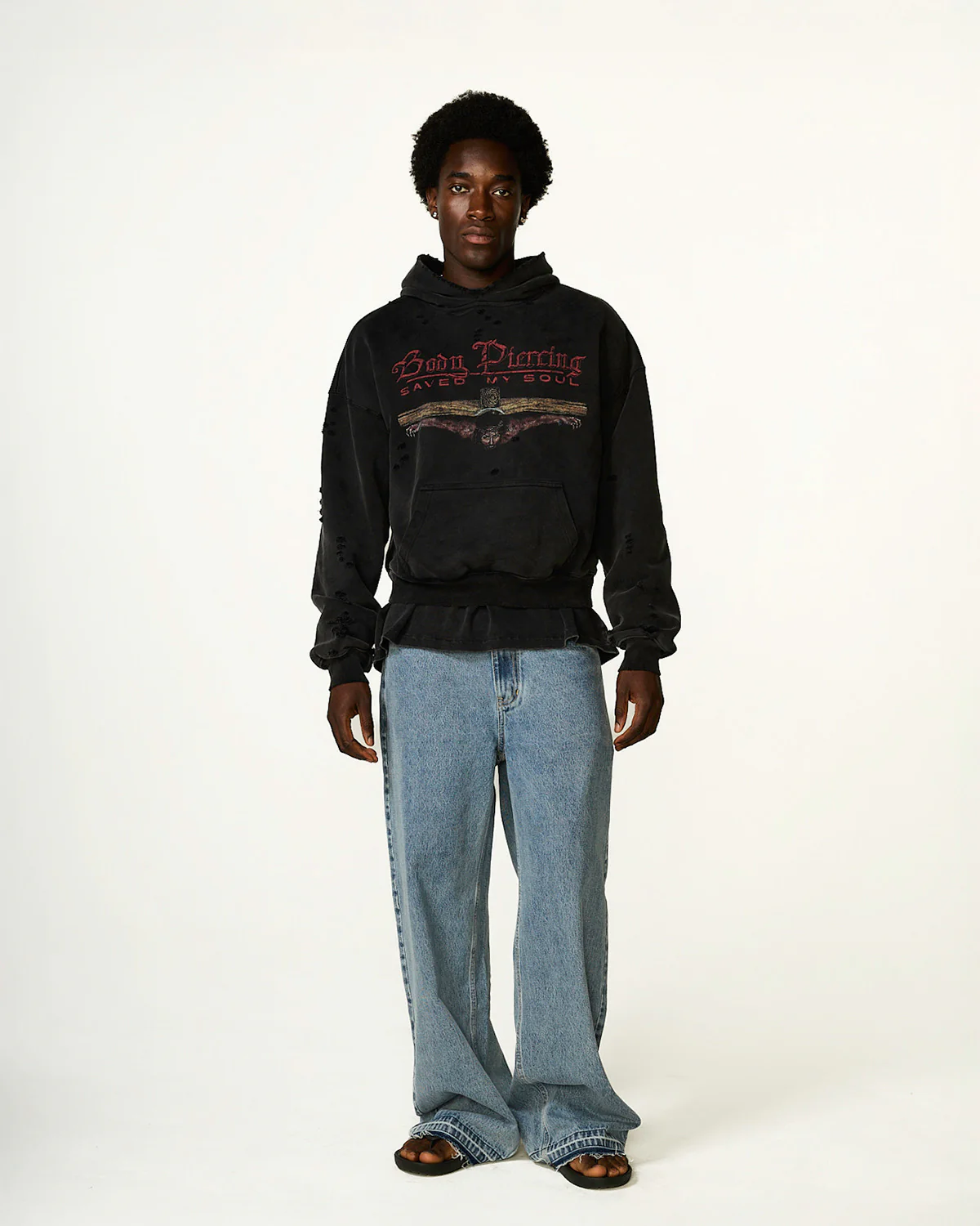 "BODY PIERCING" DISTRESSED HOODIE - Image 2