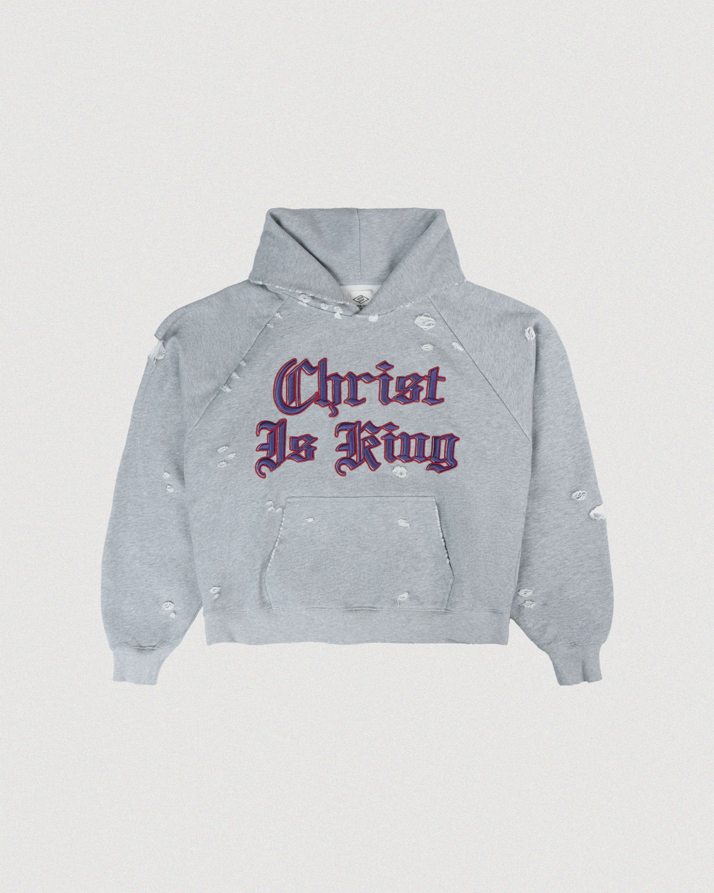 "CHRIST IS KING" DISTRESSED RAGLAN HOODIE